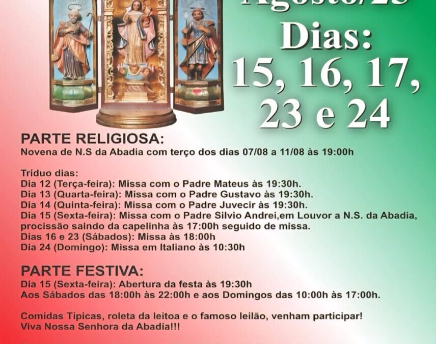 75ª Festa della Madonna dell’Abadia começa neste sábado em Louveira com música e gastronomia italiana